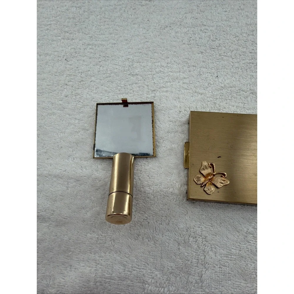 Vintage Butterfly Compact Set Mirrors Lipstick Holder 1950's Flair Fifth Ave